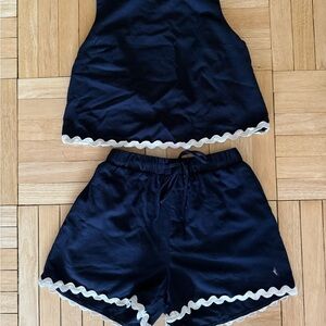 Blue Top and Shorts Set with White Scallop Trim